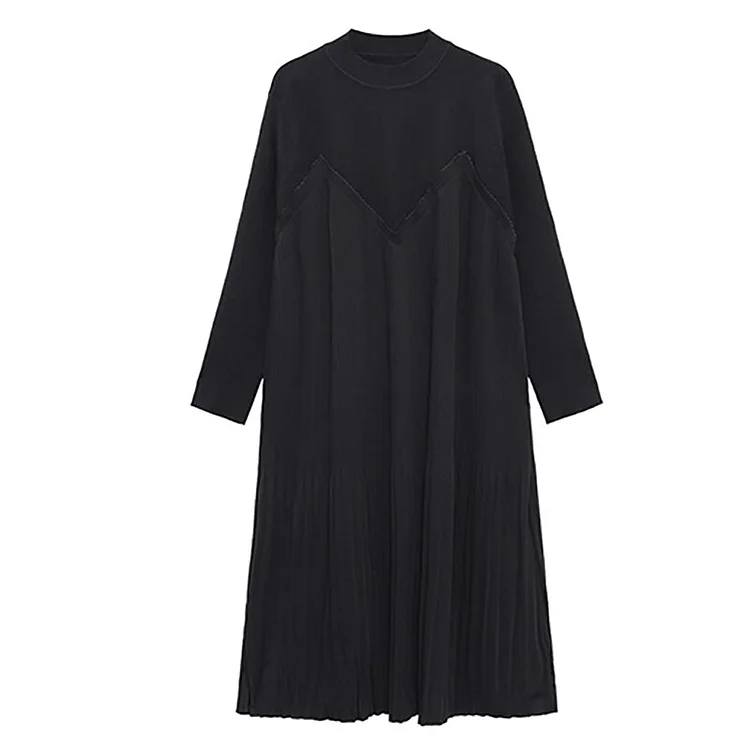 Temperament Loose Solid Color O-neck Long Sleeve Patchwork V-neck Pleated Dress