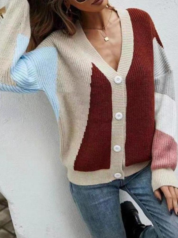 Women's Irregular Contrast Color V-Neck Knit Cardigan Sweater
