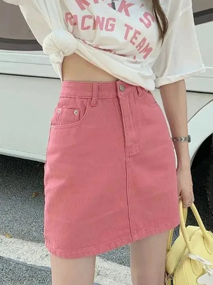 Oocharger Sweet Pink Women Denim Skirts High Waist Student A Line Korean Solid Mini Skirt Causal Summer Vintage Ladies Jeans Skirt