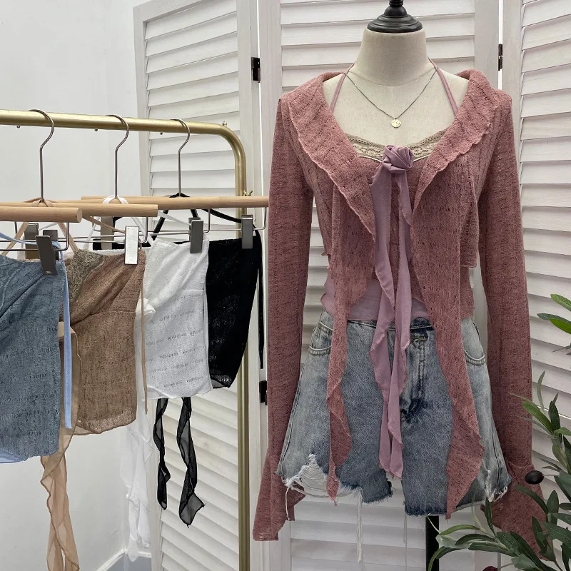 Brownm Real Shooting Pure Lust Style Set Hanging Neck Lace Hollow Sling Sling Vest + Short Lotus Leaf Side Shirt 88968