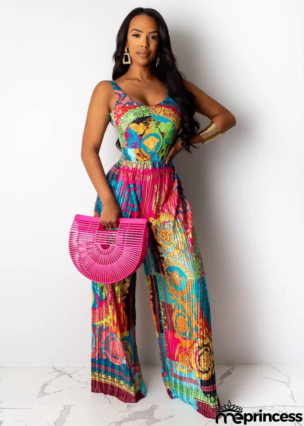 Plus Size Printed Casual Sleeveless Jumpsuits