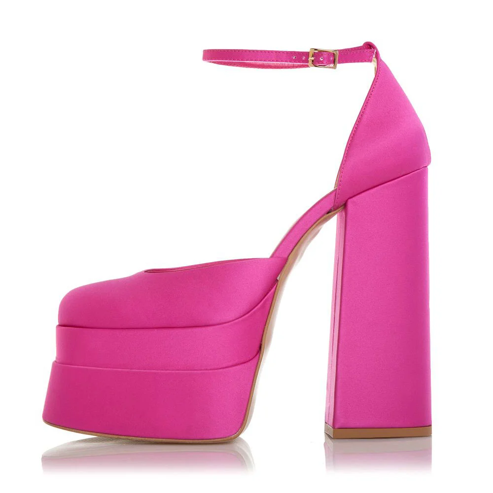 Chic Fuchsia Satin Square Toe Chunky High Heel Platform Pumps
