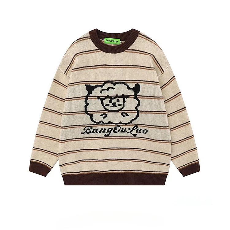 Traceeye Men's Lazy Style Color-blocked Striped Sweater Autumn Winter High Street Cartton Jacquard Casual Loose Couple Pullovers Knitwear