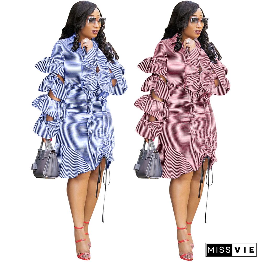 Leisure Stripes Multi Layer Flounced Sleeves Single-breasted Hem Midi Dress