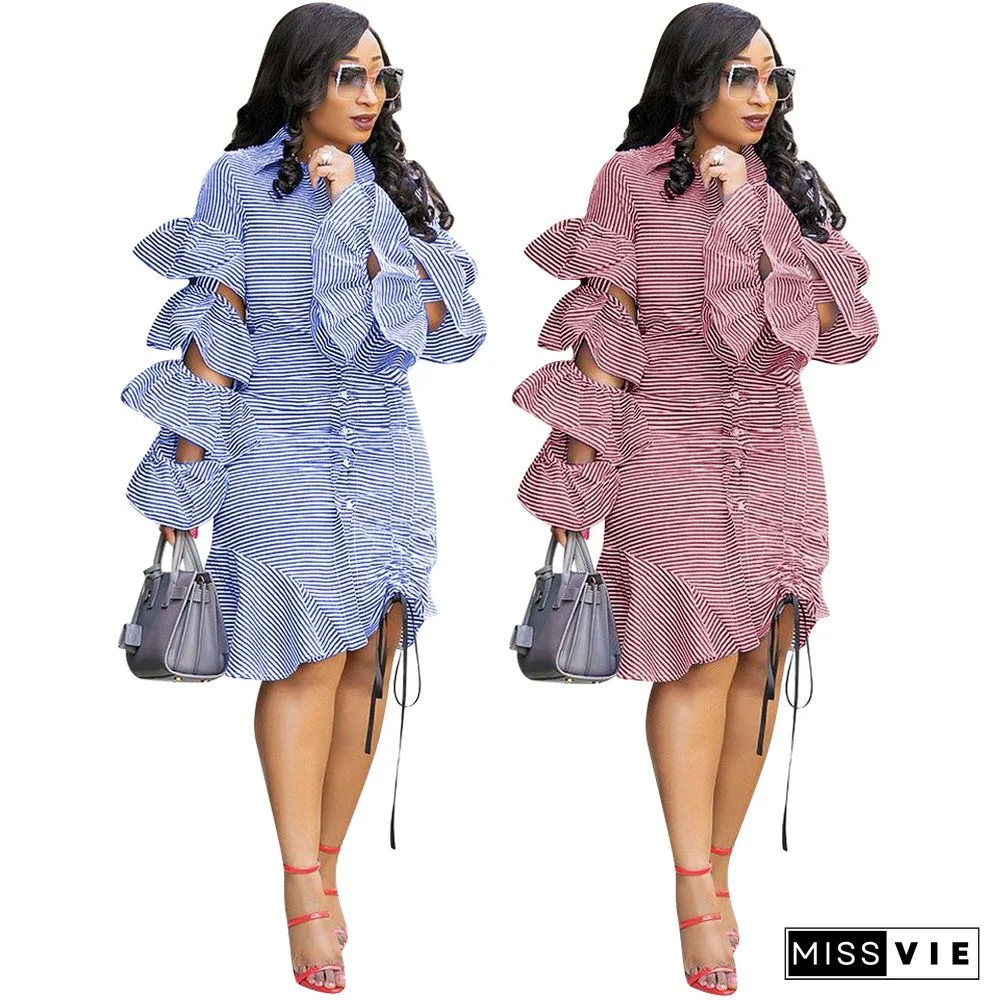 Leisure Stripes Multi Layer Flounced Sleeves Single-breasted Hem Midi Dress