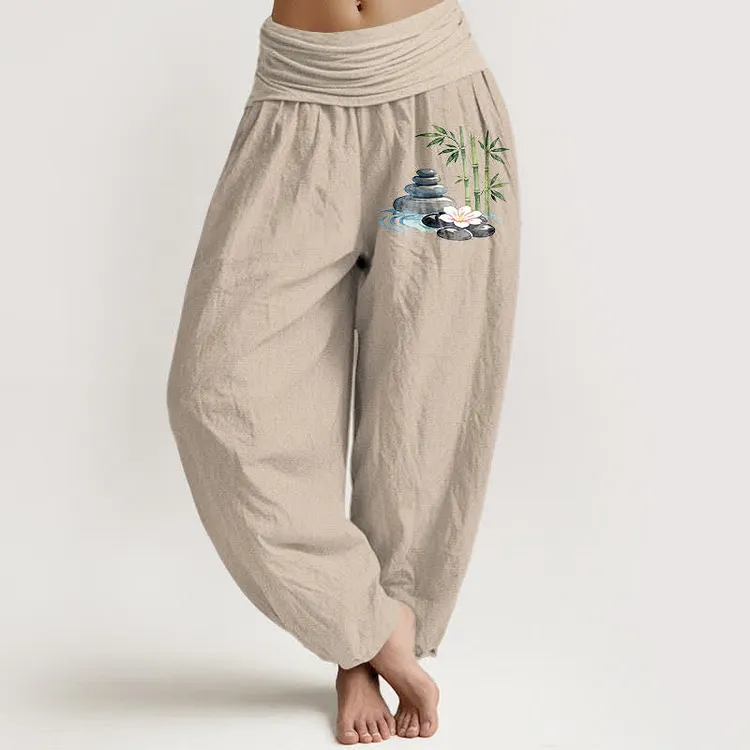 Cotton Bamboo Flower Stones High Waist Women's Harem Pants