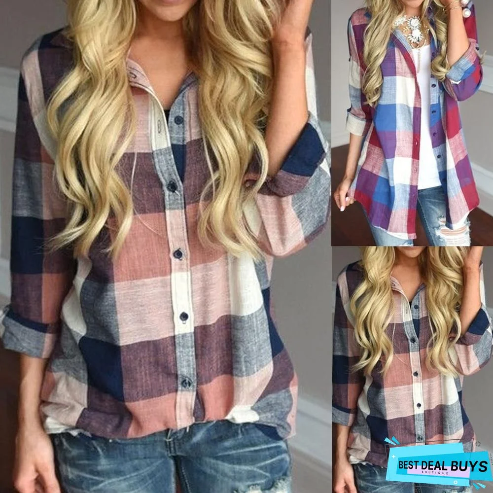 Fashion Women Casual Matching Color Long Sleeve Button Loose Plaid Shirt Top Blouse
