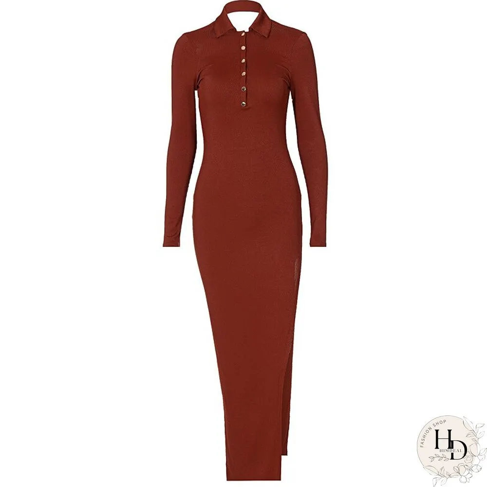 Womens New Autumn Fashion Buckle Lapel Backless Vintage Dress Long Sleeve Slit Woman