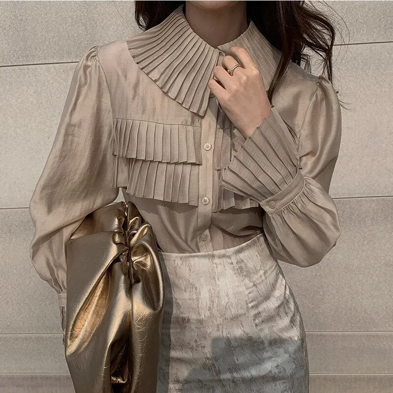 Spring New Stylish Transparent Pleated White Shirts Women Turn-down Collar Single-breasted Loose Female Blouse Tops Blusas 13078