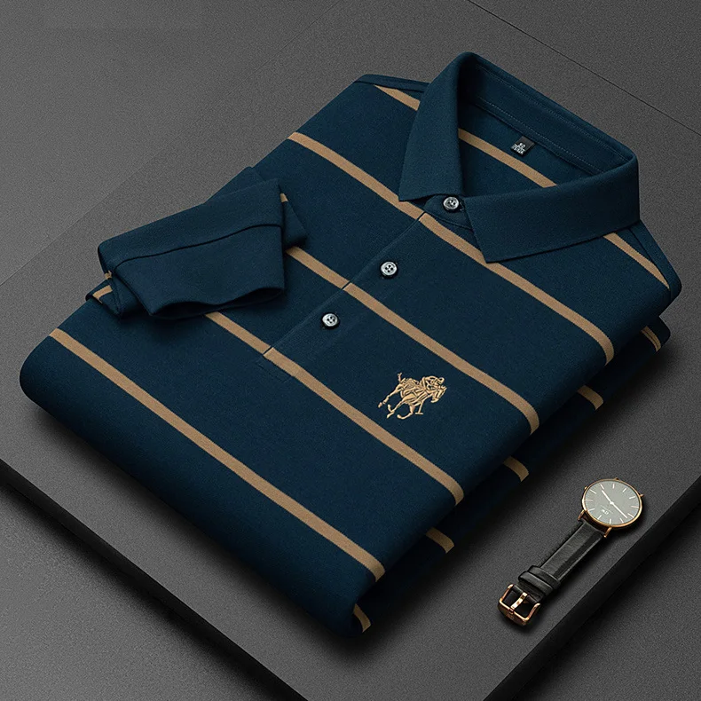 Spring And Autumn New Men's Business Casual Striped Long Sleeve Polo Shirt