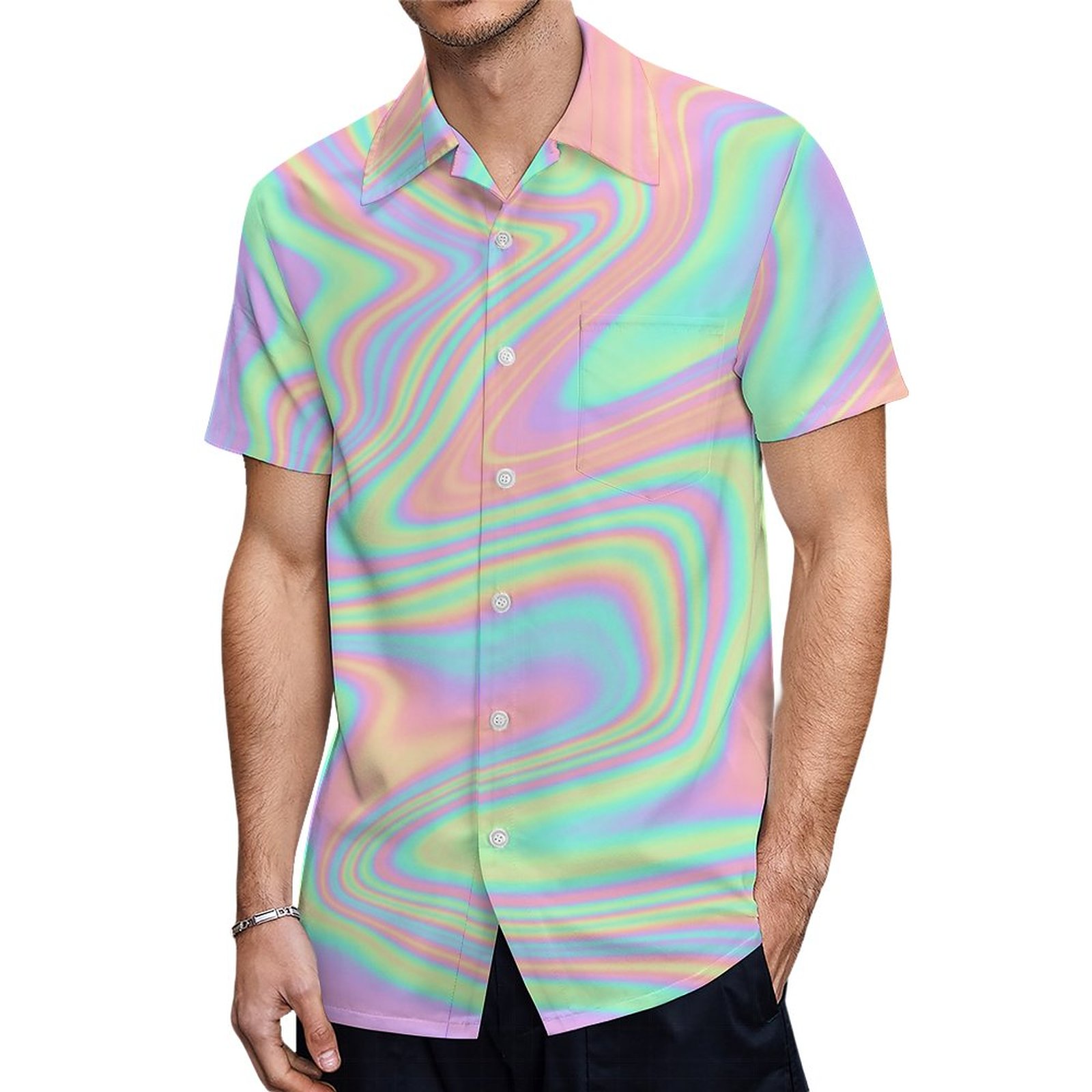 Holographic Iridescent Trippy Multicolor Fluid Hawaiian Shirt Mens Button Down Tropical Hawaii Beach Shirts