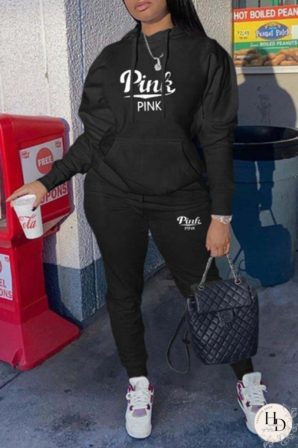 Black Casual Print Patchwork Hooded Collar Long Sleeve Two Pieces