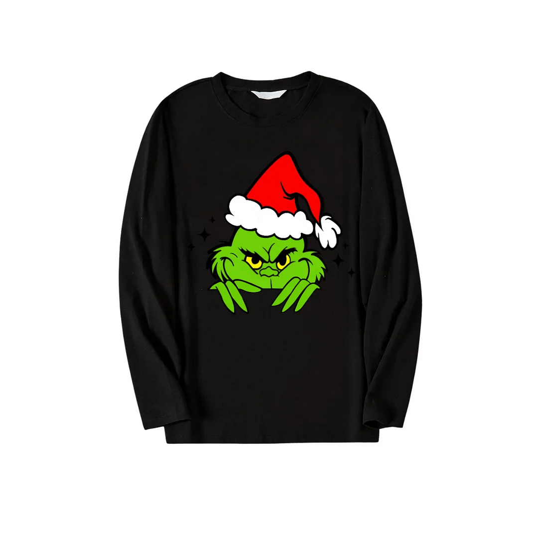 Christmas Cartoon Print Black Long Sleeve Top with Red & White & Green Plaid Family Matching Pajamas