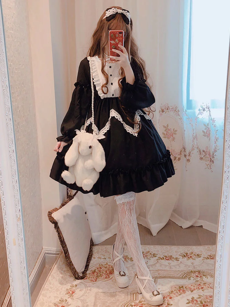 Sweet Lolita Dress Alice In Wonderland Ruffled Long Sleeve  Lace Lolita One Piece Dress Novameme