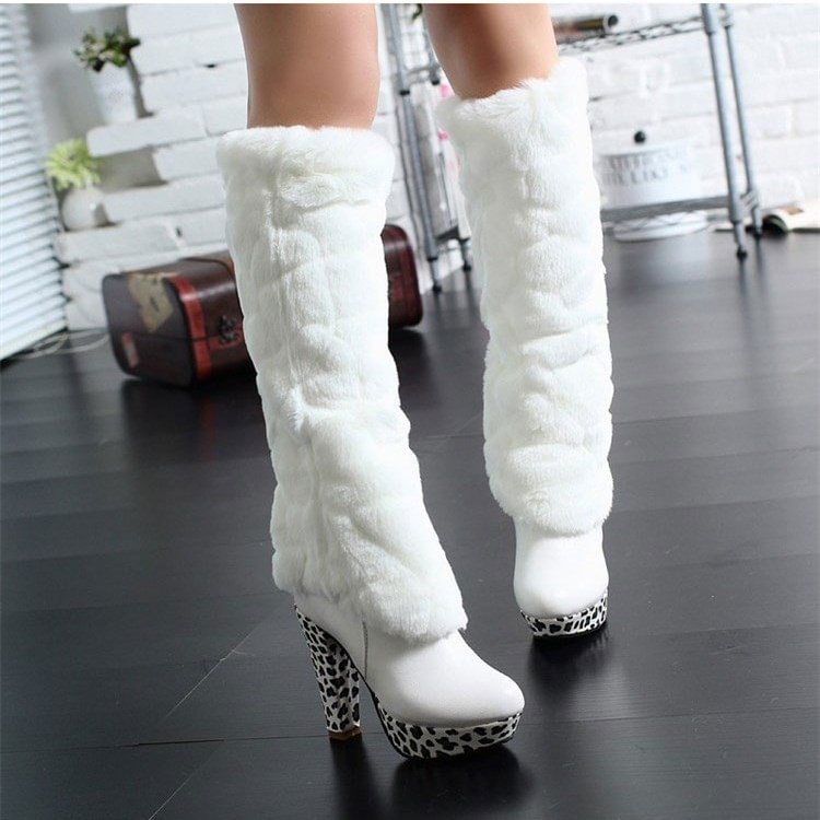 White Fur Boots Round Toe Chunky Heels Platform Mid-calf Boots |FSJ Shoes