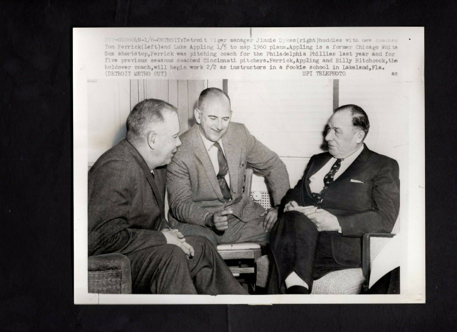 Detroit Tigers Manager Jimmie Dykes Coach Luke Appling Ferrick 1960 Press Photo Poster painting