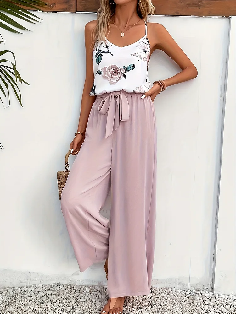 Hy3087 Floral Print Camisole Top And Wide Leg Pants Two-Piece Set