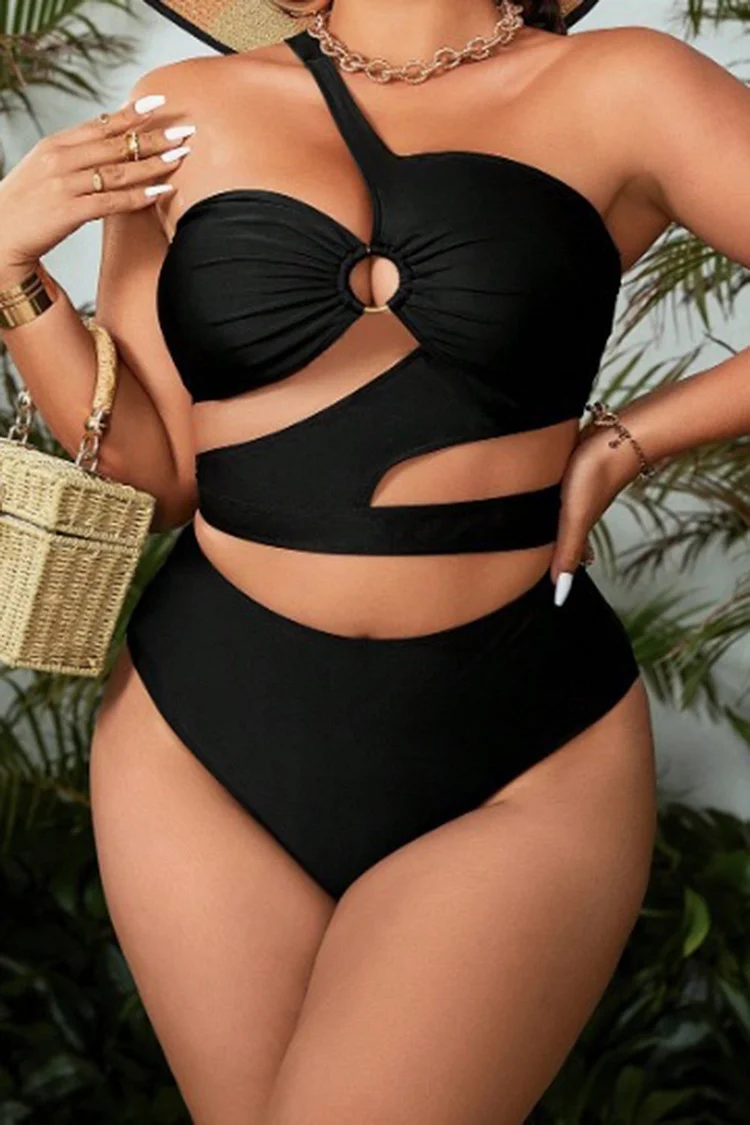 Plus Size Beach Black O-Ring Cut Out Bra Bikini Sets 2024 - Xpluswear
