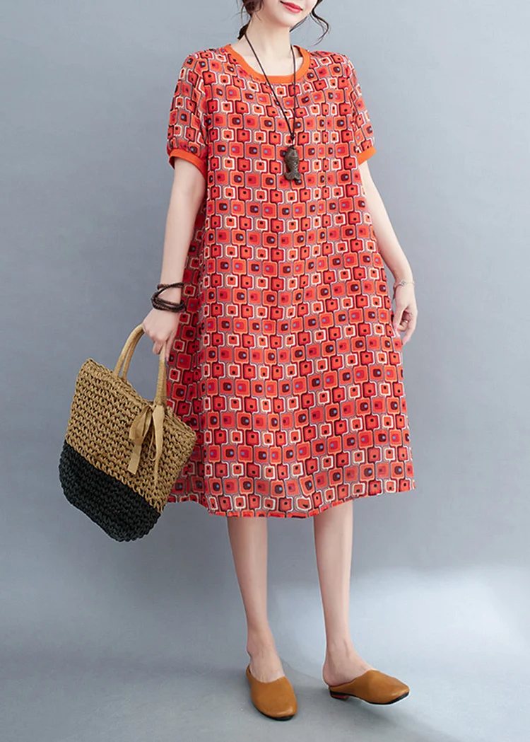 Red Print Chiffon Long Dress O-Neck Oversized Summer