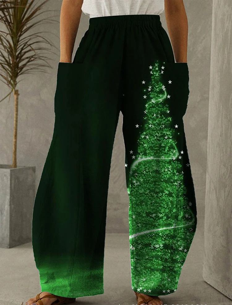 Christmas Black Green Tree Print Casual Pants