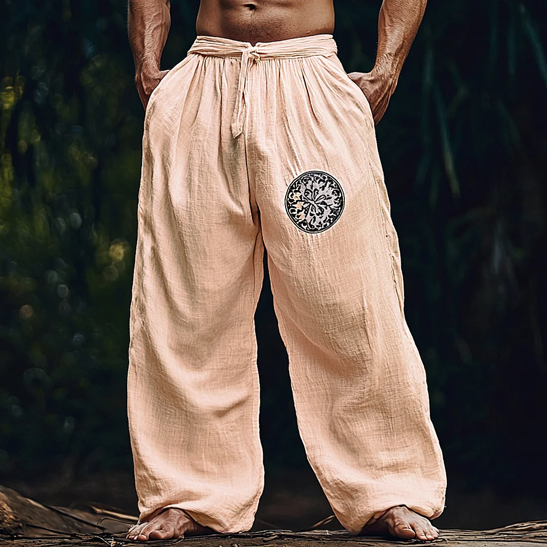 Men's Ethnic Graphic Loose Linen Wide-leg Harem Pants-inspireuse
