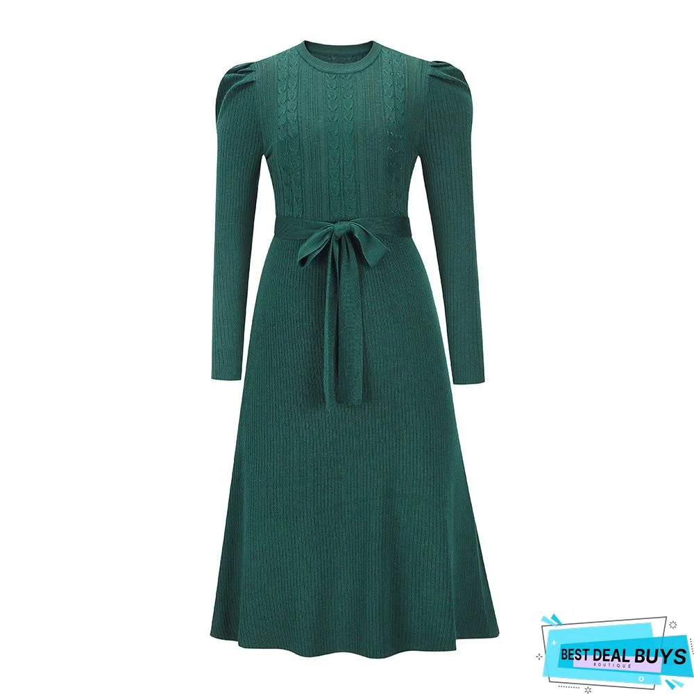 Bubble Long Sleeve Knitted Skirt Medium Long Wool Dress Black Dresses