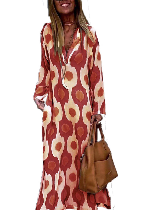 Women's Long Sleeve V-neck Printed Graphic Maxi Dress