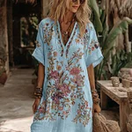 Women's Floral Embroidery Art V Neck Comfy Midi Dress - Image 6