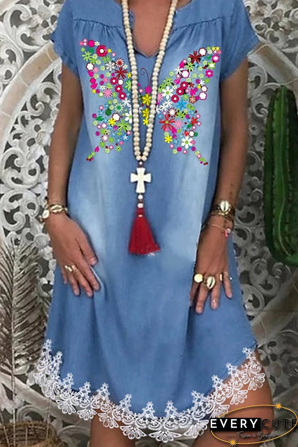 Short Sleeve Lace Patchwork Denim Dress