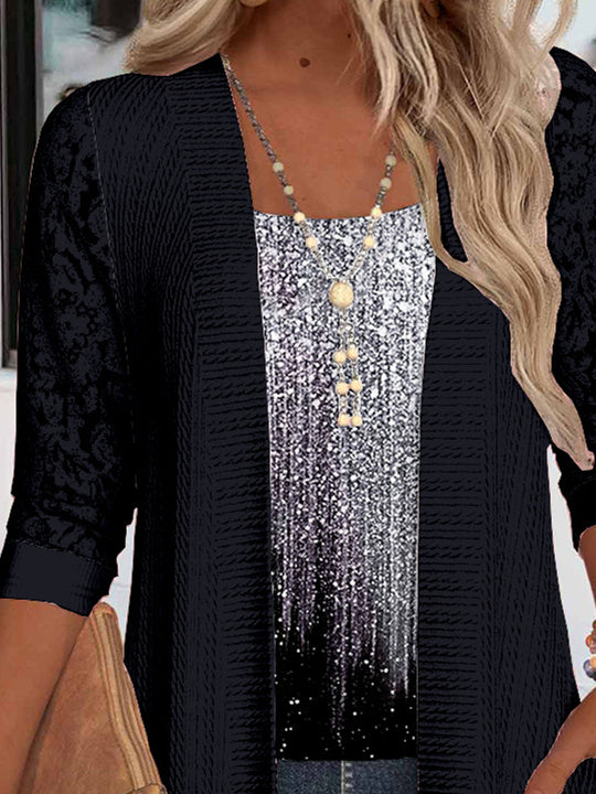 Women Long Sleeve Scoop Neck Polka Dot Printed Printed Graphic Pockets Lace Two-Pieced Tops