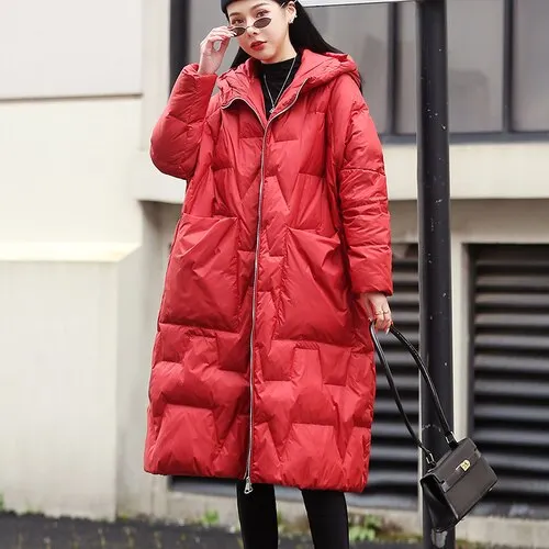 Ailegogo Winter Women Hooded Loose Thick Warm 90% White Duck Down Long Parkas Casual Female Zipper Pocket Down Coat Snow Outwear