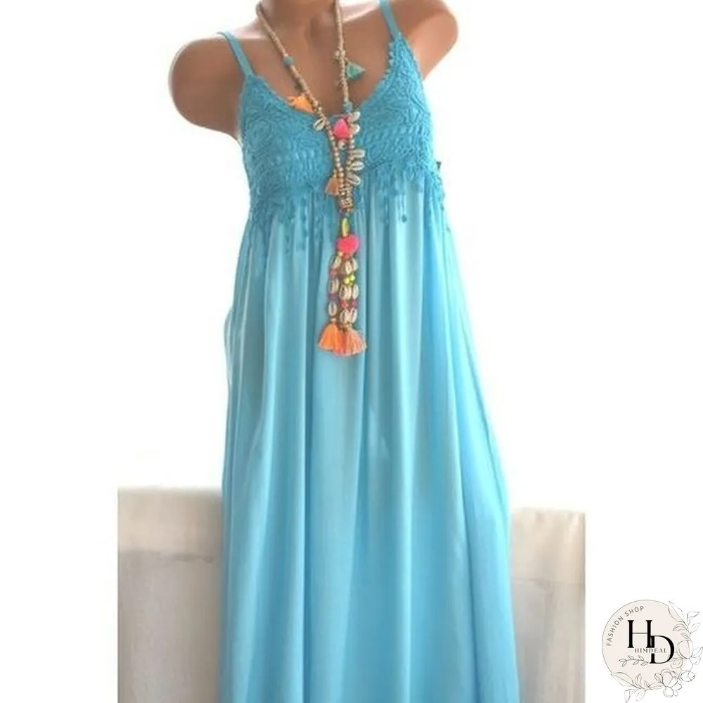 New Fashion Casual Women Printing Sleeveless Sun Dress Floral Print Tunic Stitching Lace
