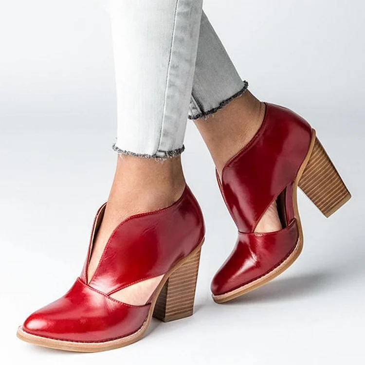 Burgundy Chunky Heels Women's Vintage Shoes Low Cut Loafers |FSJ Shoes