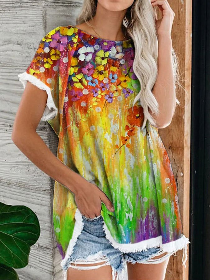 Women's Oil Painting Floral Print Print Fringe Top