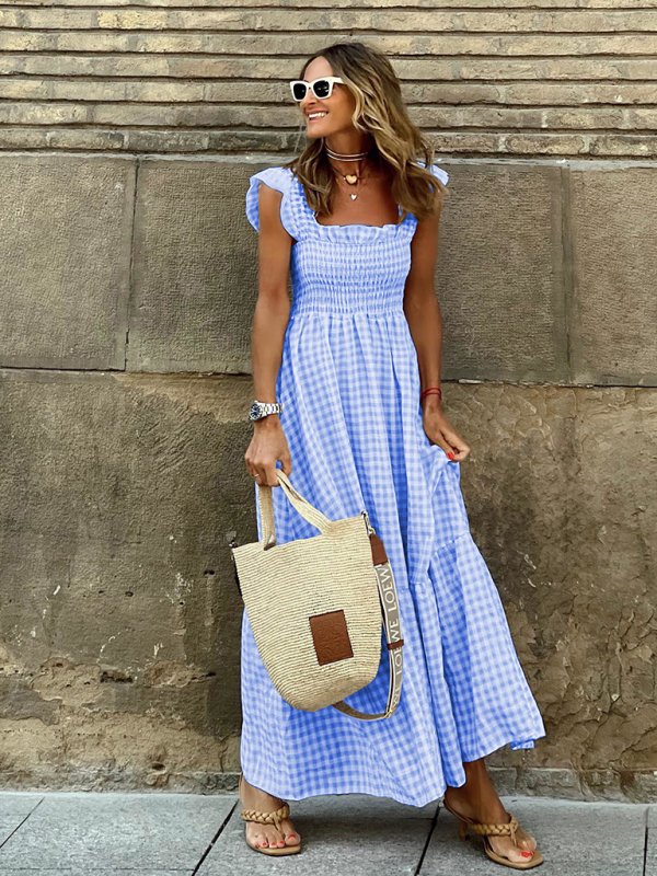 Mature Women Summer Temperament Collage Plaid Sling Elastic Swing Dress