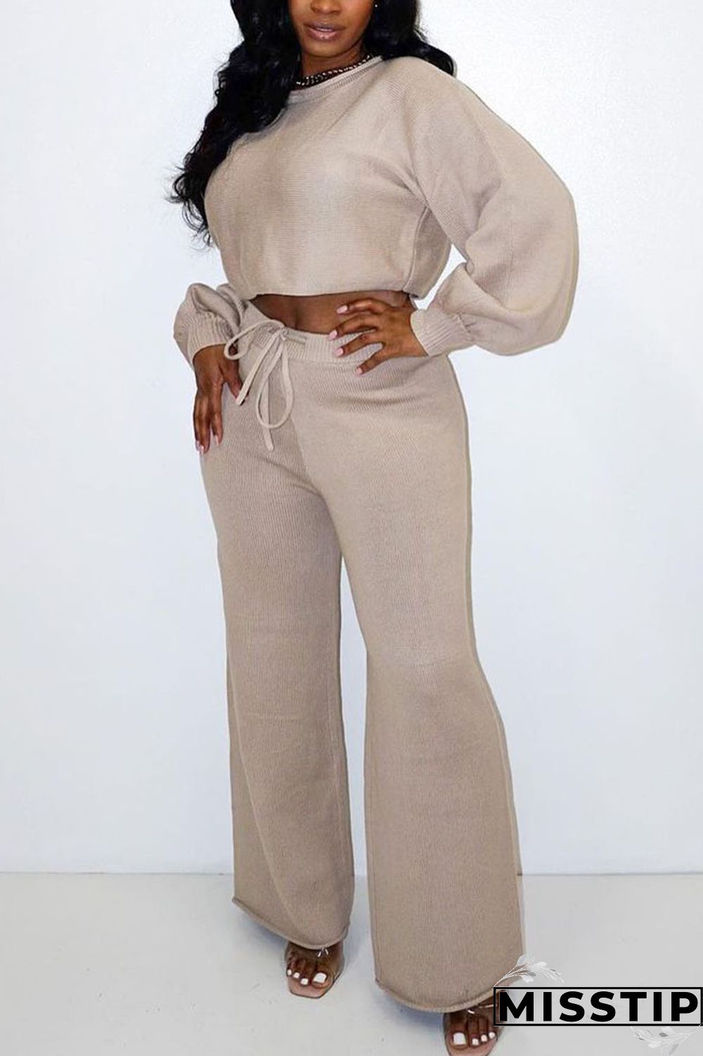 Light Blue Casual Solid O Neck Long Sleeve Two Pieces