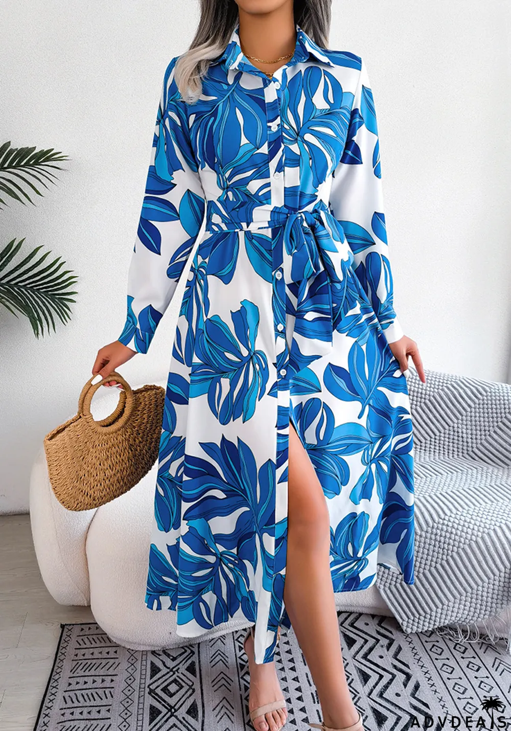 Women Color Block Floral Turndown Collar Tie Shirt Maxi Dress