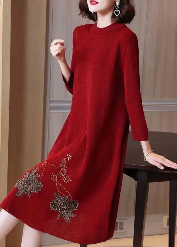 Stylish Red O-Neck Embroideried Knit Sweater Dress Spring
