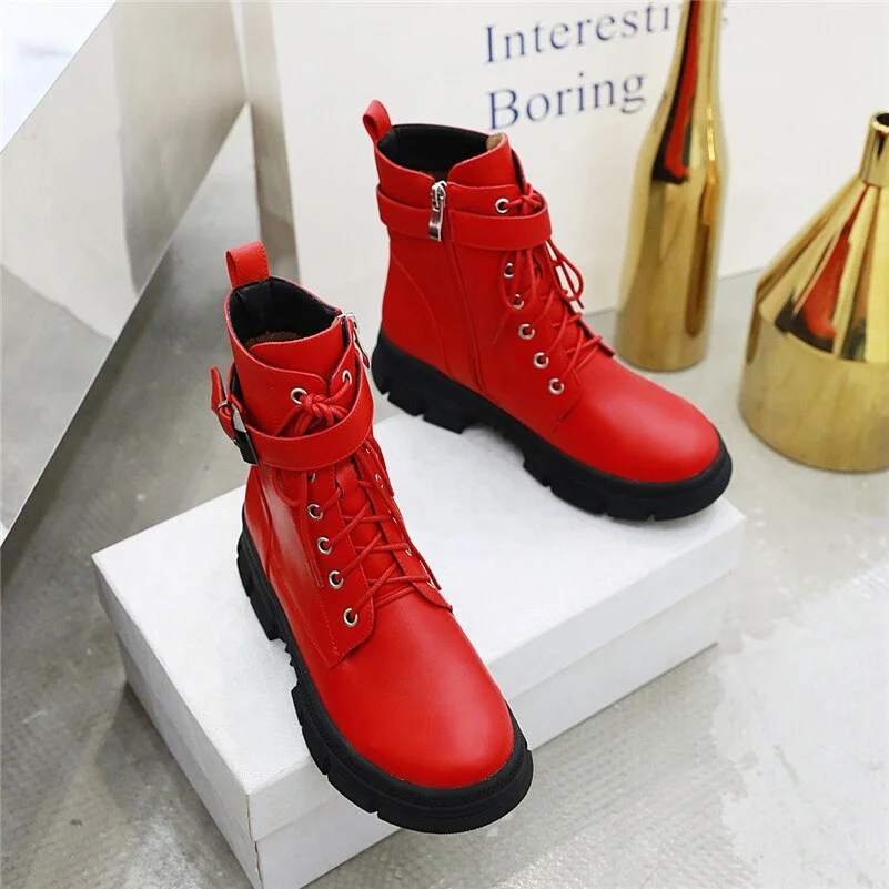 Meotina Winter Motorcycle Boots Women Buckle Flat Platform Ankle Boots Zipper Round Toe Shoes Ladies Autumn Red Plus Size 34-43