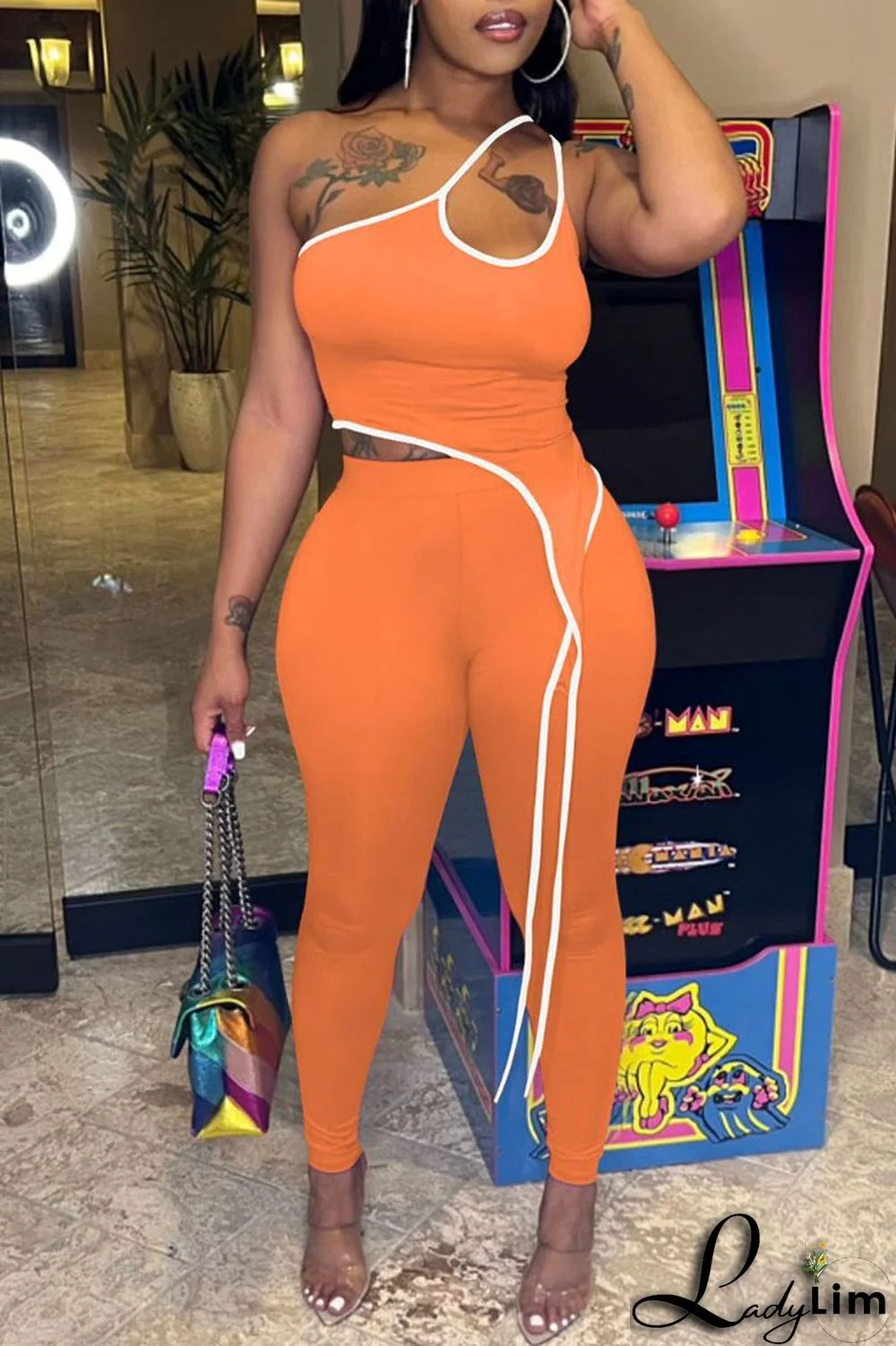 Tangerine Red Sexy Solid Split Joint Asymmetrical Spaghetti Strap Sleeveless Two Pieces