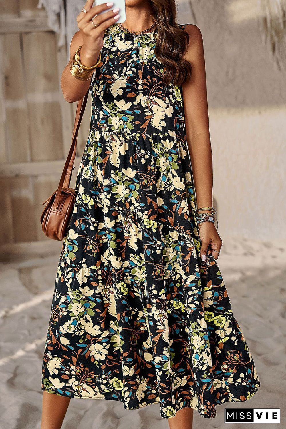 Elegant Floral Pocket Contrast O Neck A Line Dresses