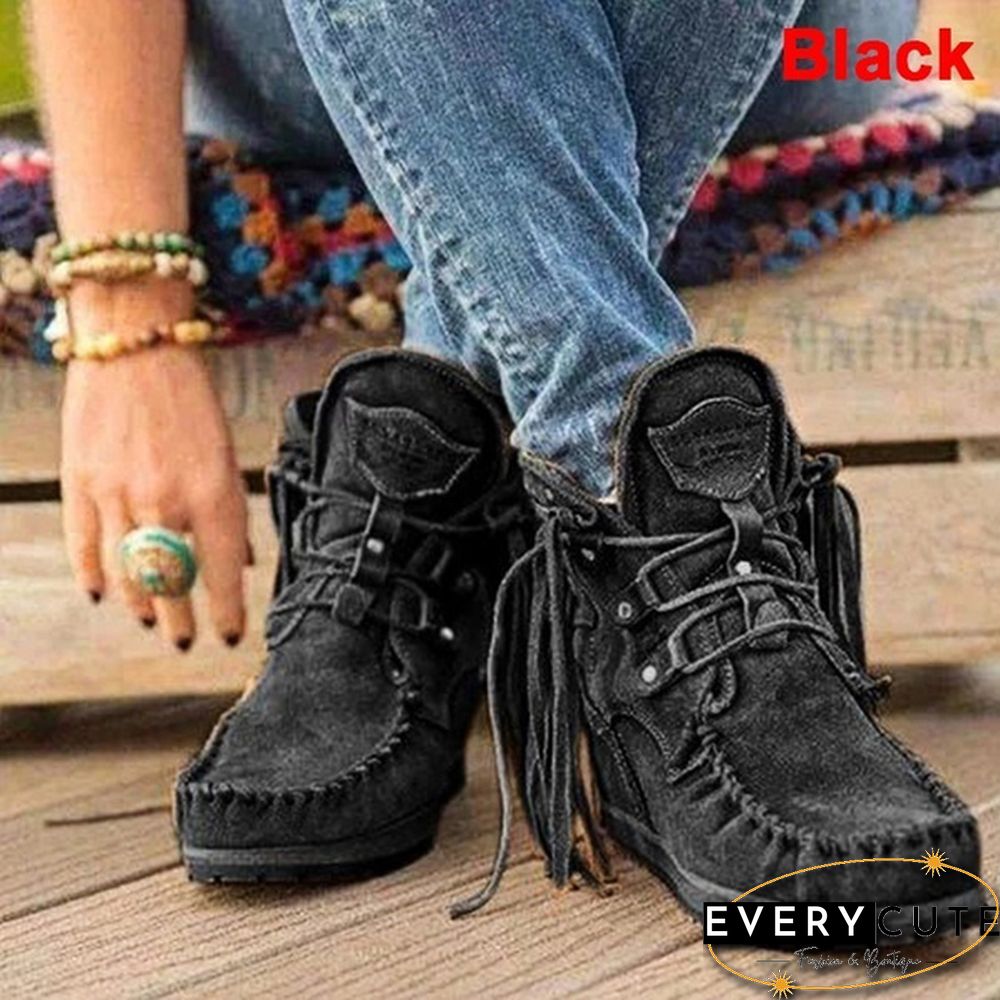 HOT Trend Fashion Faux Leather Tassel Boots for Women Short Platform Boots High Top Martin Boots Vintage Chunky Low Heel Short Boot Ankle Booties Flat Boots Autumn Winter Shoes for Female Plus Size