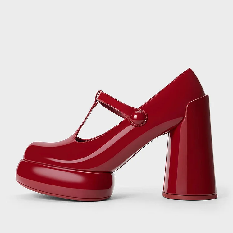 Patent Leather Chunky Heel T-strap Platform Mary Janes in Red |FSJ Shoes
