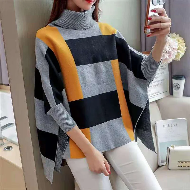 Women Striped Knit Blouse O Neck Batwing Sleeve Loose-fitting Knitted Blouse