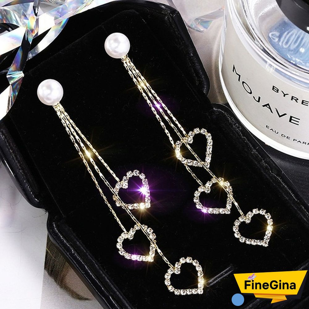 Heart Zircon Tassel Earrings, Tassel Sterling Silver Earrings, Dangle Heart Earrings, Romantic Jewelry for Woman, Woman Gift