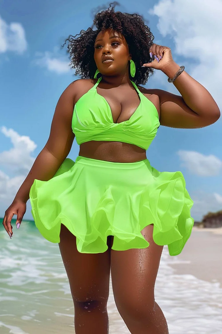 Xpluswear Design Plus Size Beach Lime Green Ruffle Swimsuit Fabric Two Pieces Swimsuit [Pre-Order] 2024 - Xpluswear