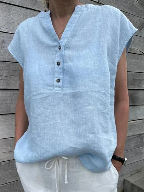 Cotton Linen Shirt Ladies Casual V-Neck Button Short Sleeve Socialshop