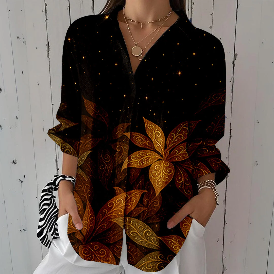 Style & Comfort for Mature Women Women Glitter,Floral,Black DZCL0006 3/4 Sleeve Shirt Collar Printed Button Tops