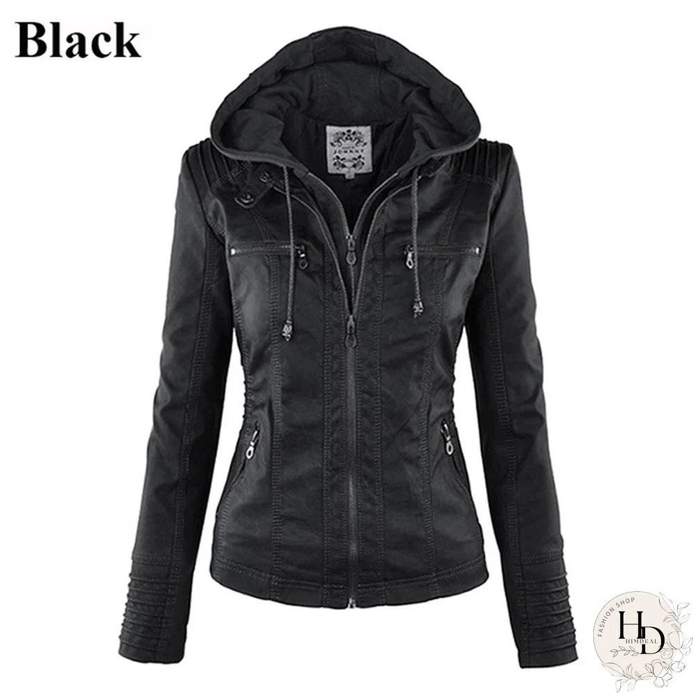 5 Color Women Fashion Long Sleeve Zipper Leather Jackets Removable Hooded Coat Ladies Plus Size Cool Motorcycle Coat Outwear