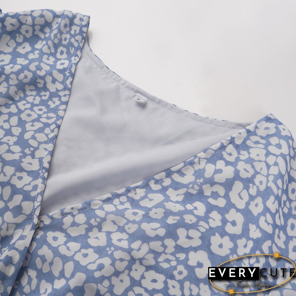 Light Blue V Neck Ruffle Detail Tie Waist Floral Dress